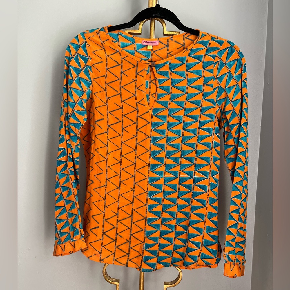 Silk Orange and Blue Geometric Women's Top